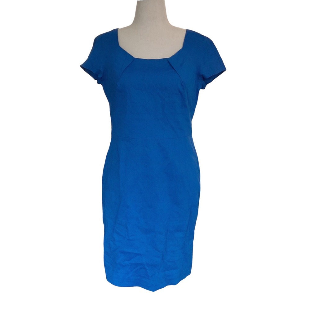DKNY Cobalt Blue Sheath Dress Womens 14 Ramie Blend Square Neck Professional